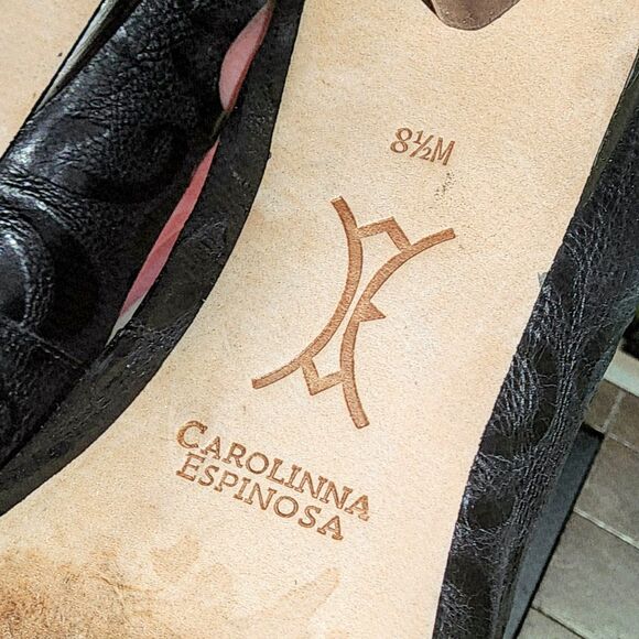 CAROLINNA ESPINOSA CELINE 8.5 Black Embossed Leather Slip On Swirl Classy Heels - Picture 14 of 16